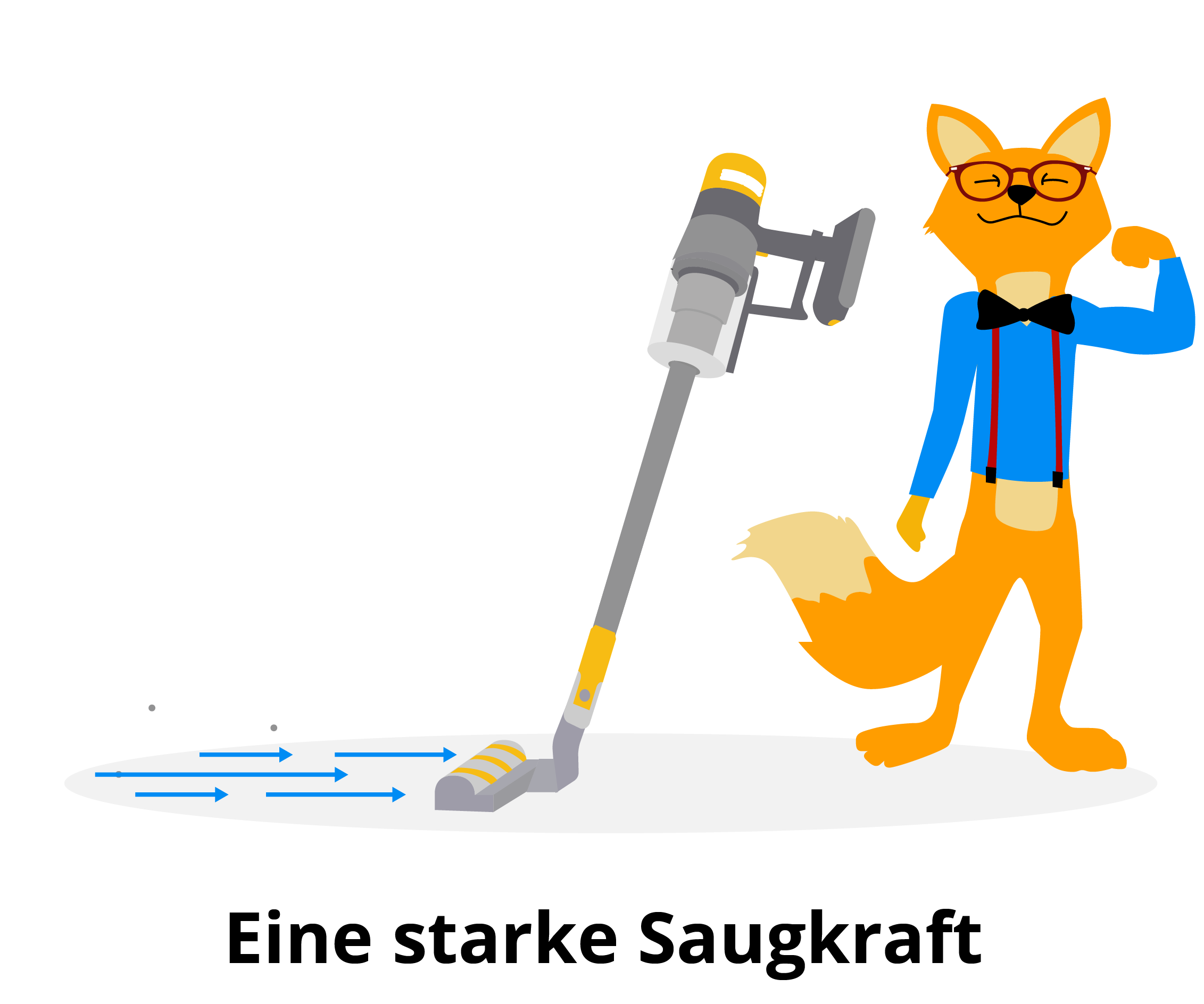 Die Saugkraft des Akkustaubsaugers zeigt der Fuchs